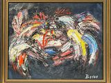 une peinture à l'huile représentant un chien au museau rouge, jaune, bleu et blanc