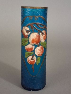 a blue vase with a painting of fruit on it