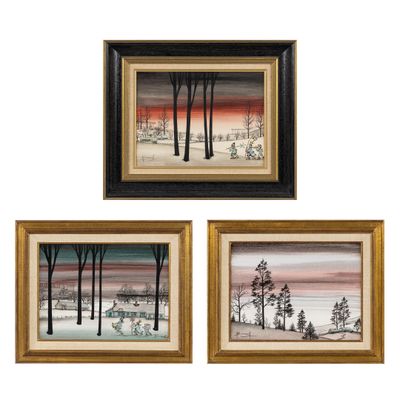 trois tableaux encadrés représentant un paysage hivernal avec des arbres et un lac