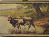 un tableau représentant un homme labourant une rivière avec deux vaches