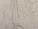 drawing of a sailboat on a balcony with trees and clouds in the background