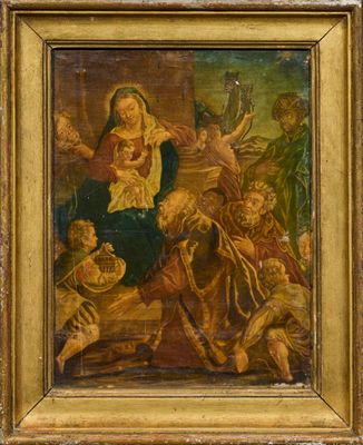 une peinture ancienne représentant une femme tenant un bébé dans ses bras