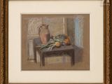 painting of a still life of a vase and fruit on a table