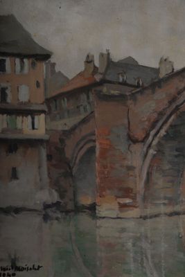 a painting of a bridge over a body of water