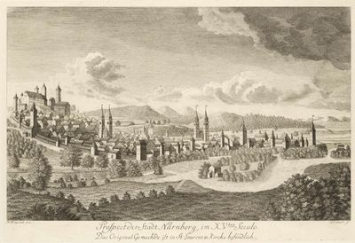 dessin représentant une vue d'une ville avec un château au loin