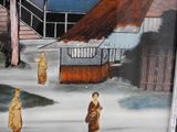a painting on the wall of a building with people in it