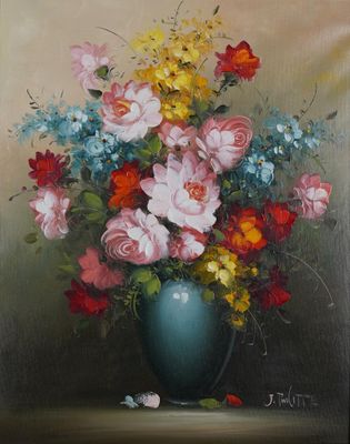 une peinture de fleurs dans un vase sur une table
