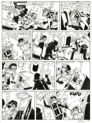 une page de bande dessinée comportant une illustration en noir et blanc représentant un homme tenant une épée
