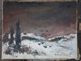 un tableau représentant un paysage enneigé avec des oiseaux volant dans le ciel