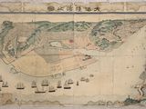 an old map of a city with ships in the water
