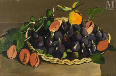 a painting of a basket of fruit on a table