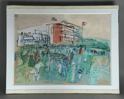 painting of a group of people on a field with a building in the background