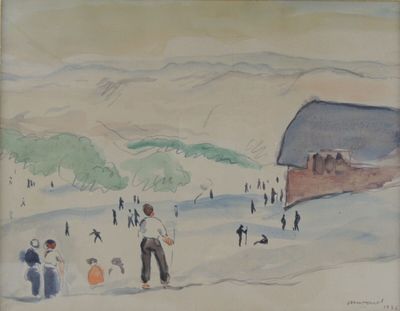 un tableau représentant un groupe de personnes dans la neige
