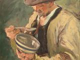 tableau représentant un homme coiffé d'un chapeau et tenant un bol de soupe