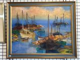 une peinture représentant une scène portuaire avec des bateaux dans l'eau