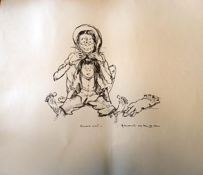 un dessin représentant un enfant assis par terre