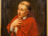 an old painting of a man in a red robe holding his hands to his chest