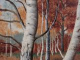 painting of a painting of trees in a forest with a sky in the background