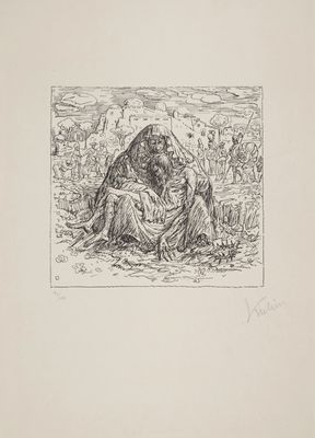 a black and white drawing of a man sitting on the ground