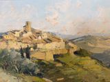 an oil painting of a village on a hill with a sky background