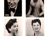 four black and white photos of a woman in a dress and a man in a tuxedo and a man in a tuxedo