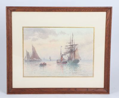painting of a sailboat in the water with other boats in the background