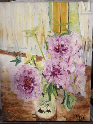 une peinture de fleurs dans un vase sur une table
