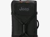 a black luggage bag with a jeep logo on it