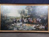 grande peinture à l'huile représentant une scène de chasse avec des chiens et des chasseurs