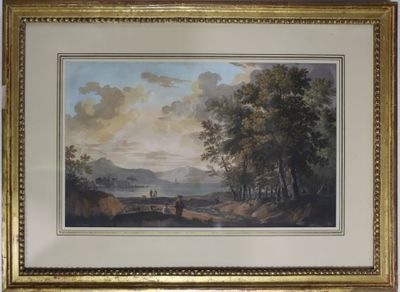 peinture représentant un paysage avec un homme et un chien dans une zone boisée