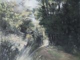 an oil painting of a path through a forest with tall grass and trees