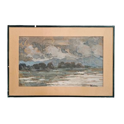 l'image d'un tableau représentant un paysage avec des montagnes en arrière-plan