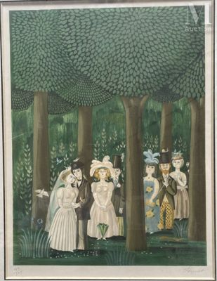 tableau représentant un groupe de personnes dans une forêt avec des arbres