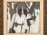 une peinture à l'huile représentant deux hommes munis de pelles dans un paysage enneigé