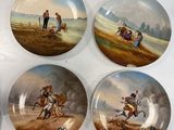 three plates with a painting of a man on horseback and a man on a horse