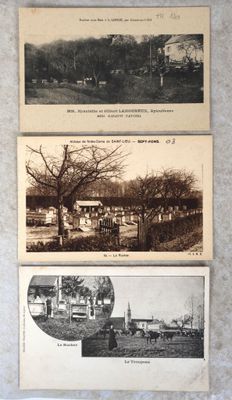 trois vieilles photos en noir et blanc représentant des bâtiments et des arbres