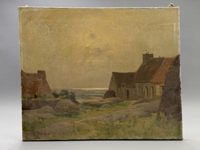 un vieux tableau représentant une scène de vie à la campagne, avec une maison au loin