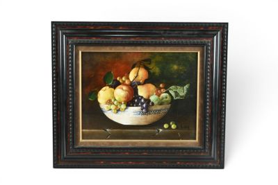 peinture représentant une corbeille de fruits posée sur une table, sur fond blanc