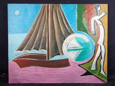 un tableau représentant un homme debout à côté d'un bateau sur l'eau