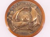 une médaille de bronze posée sur une plaque en bois, elle-même posée sur un fond blanc