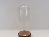 un dôme en verre transparent reposant sur un socle en bois, posé sur une surface blanche