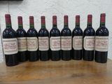 six bouteilles de vin rouge alignées sur une table en bois