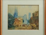an image of a painting of a street scene with a church in the background