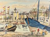 a painting of a boat in the water with other boats in the water