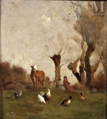 une image représentant un tableau où l'on voit un groupe d'animaux dans un champ