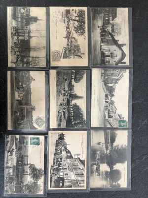 several old black and white photographs of a street and buildings