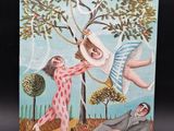 two paintings of people playing with birds in the park