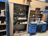 a blue cabinet and a blue desk in a room