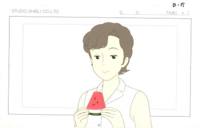 un dessin représentant une femme tenant un morceau de pastèque