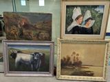 three paintings on display in a glass case